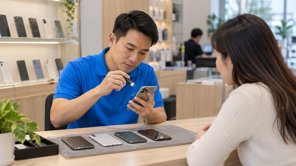 Nhân viên người Việt mặc áo polo xanh soi đèn kiểm tra một chiếc điện thoại đã qua sử dụng tại quầy, khách ngồi đối diện quan sát, bối cảnh thị trường điện thoại cũ