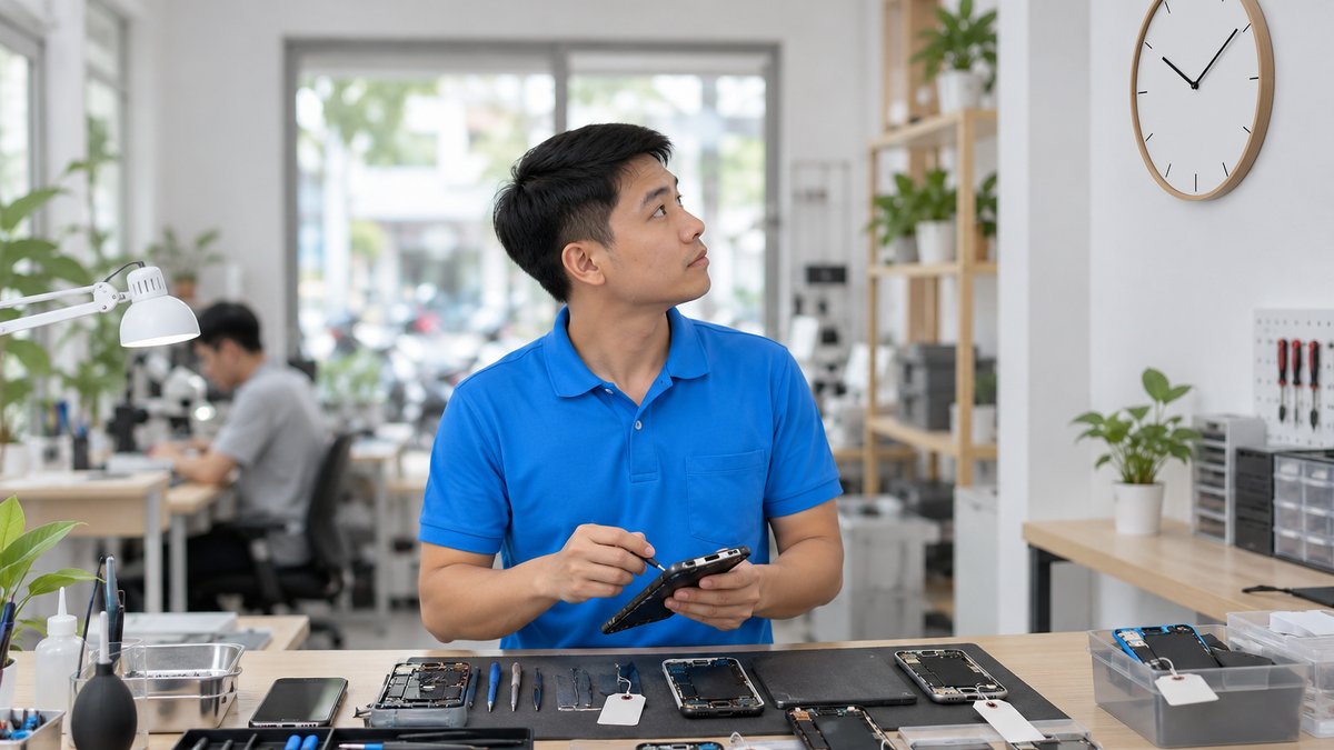 Nam kỹ thuật viên người Việt áo polo xanh nhìn đồng hồ treo tường trong xưởng sửa chữa sáng sủa, trên bàn là các máy đang sửa gắn phiếu, minh họa thời gian xử lý bảo hành