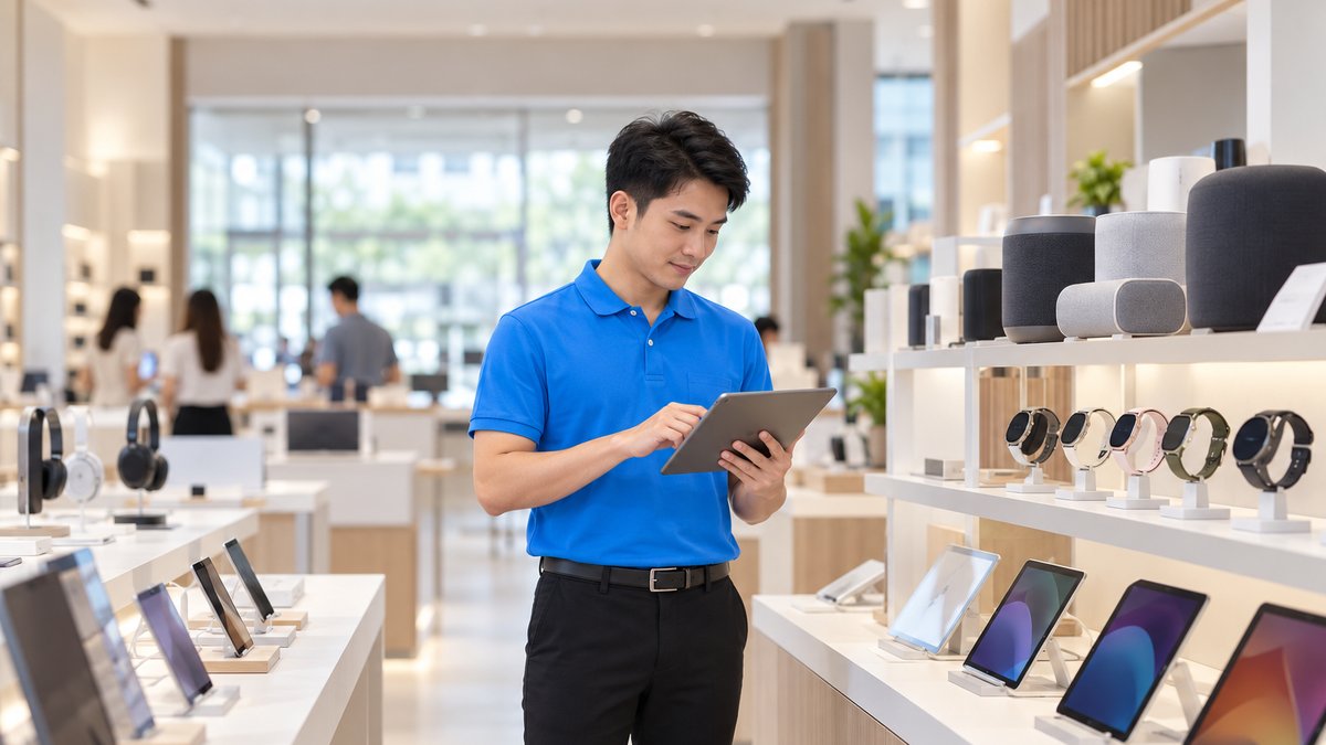 Nam nhân viên người Việt áo polo xanh dùng máy tính bảng kiểm thời hạn bảo hành theo danh mục cạnh kệ trưng bày loa, đồng hồ thông minh và máy tính bảng tại cửa hàng điện tử