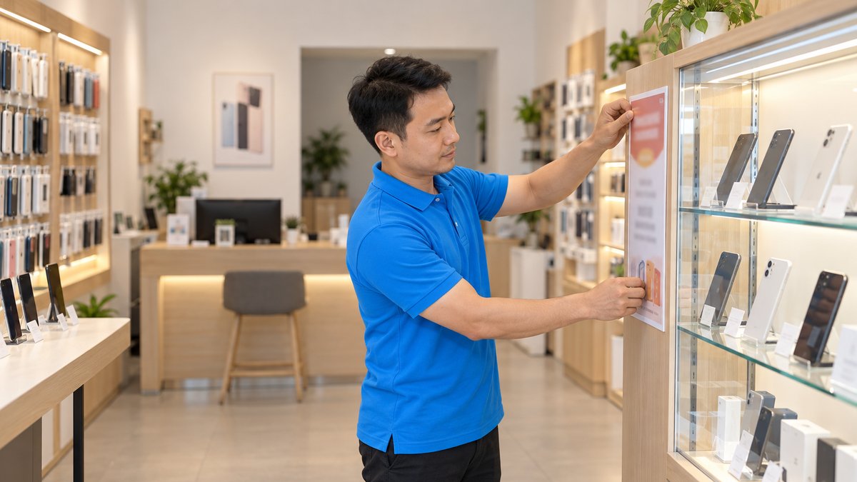 Chủ cửa hàng điện thoại dán bảng thể lệ chương trình giảm giá cạnh quầy, minh họa thông báo khuyến mại tại cửa hàng