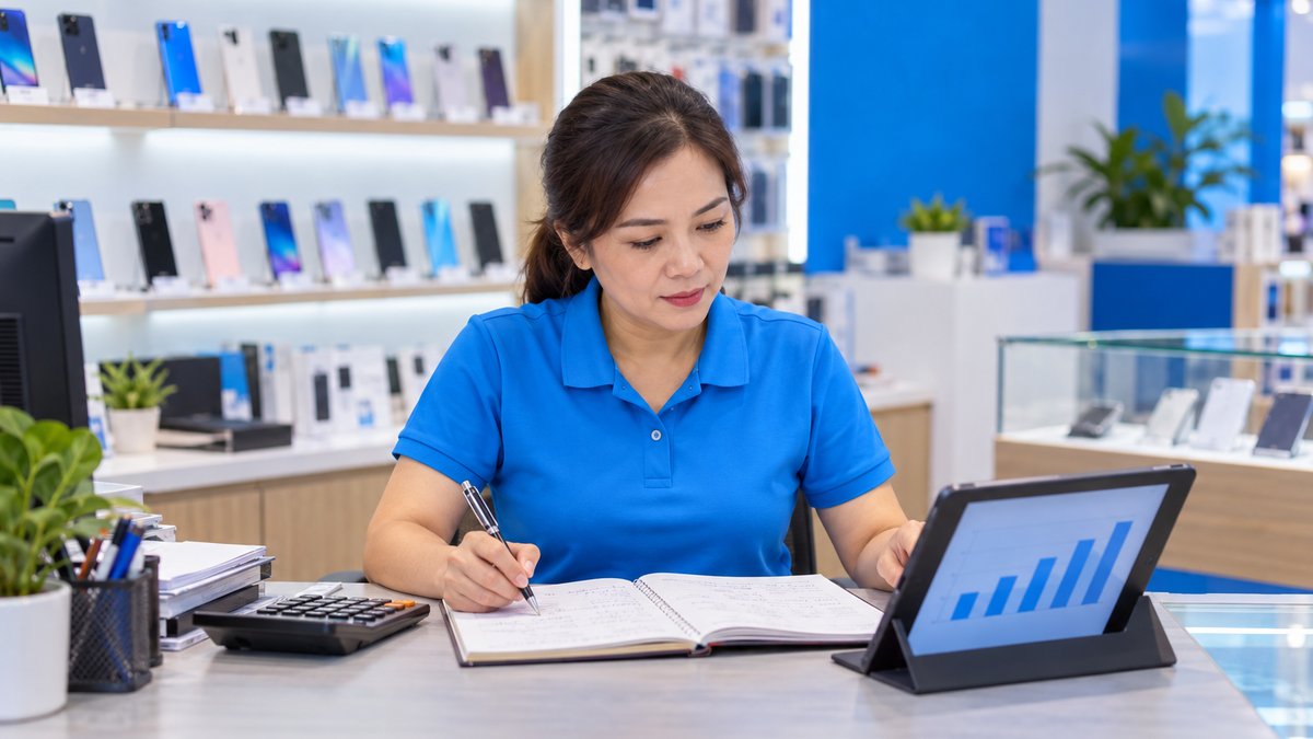 Chủ cửa hàng đối chiếu sổ doanh thu để kê khai thuế hộ kinh doanh cửa hàng điện thoại
