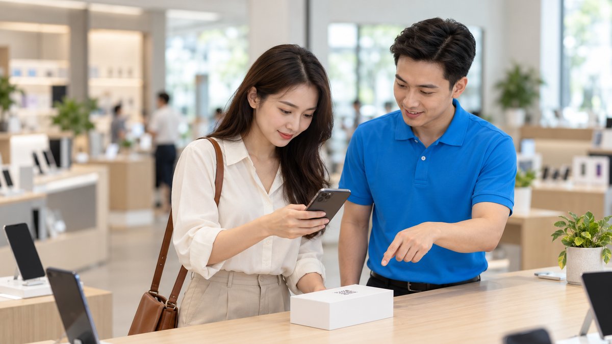 Khách hàng nữ người Việt dùng điện thoại tra cứu bảo hành bằng mã QR dán trên hộp máy tại quầy, nhân viên áo polo xanh đứng cạnh hướng dẫn