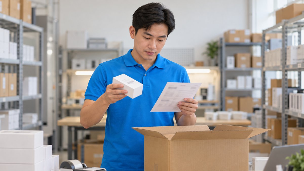 Nhân viên cửa hàng đối chiếu IMEI hộp điện thoại lỗi với phiếu giao hàng trước khi trả hàng nhà cung cấp
