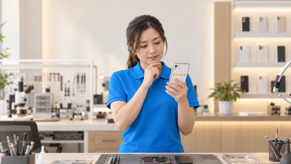 Chủ cửa hàng điện thoại đọc đánh giá 1 sao trên điện thoại bên quầy sửa chữa, minh họa trả lời đánh giá tiêu cực