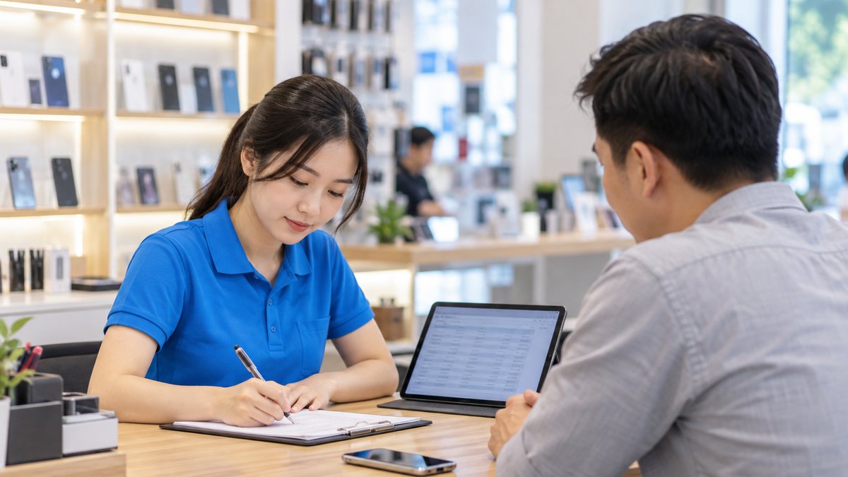 Nhân viên nữ áo polo xanh lập văn bản tiếp nhận tại quầy, thể hiện trách nhiệm bảo hành của người bán điện thoại