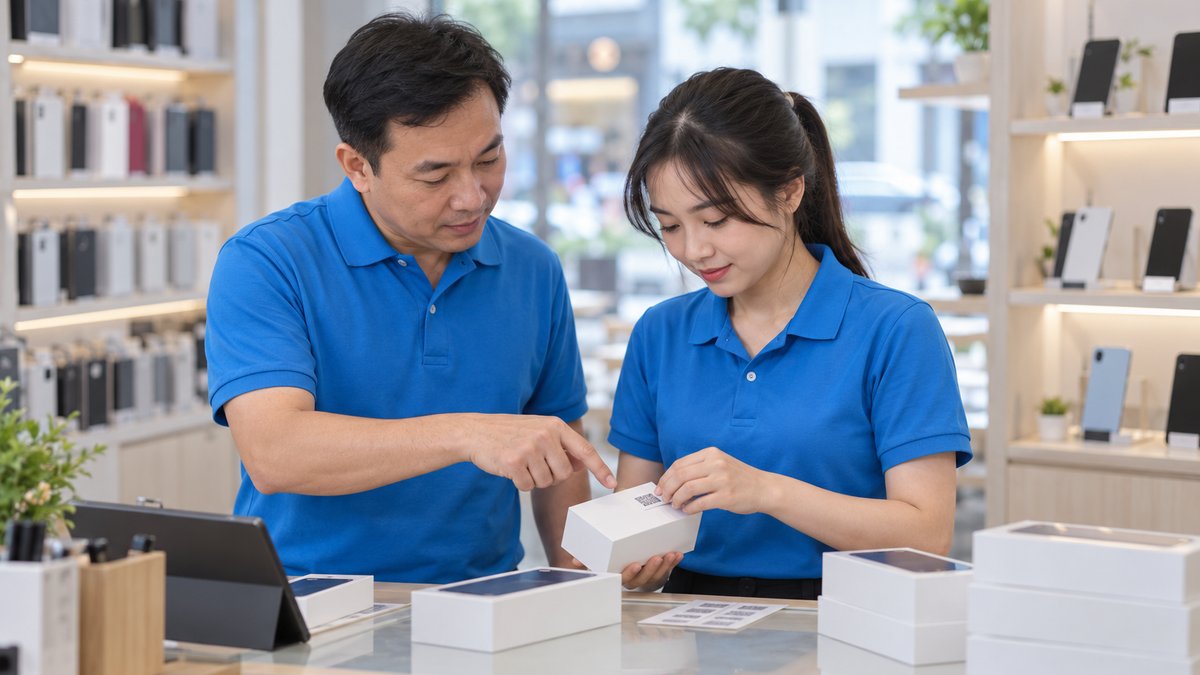 Chủ cửa hàng người Việt mặc áo polo xanh hướng dẫn nhân viên trẻ dán tem QR lên hộp điện thoại tại quầy khi triển khai bảo hành điện tử
