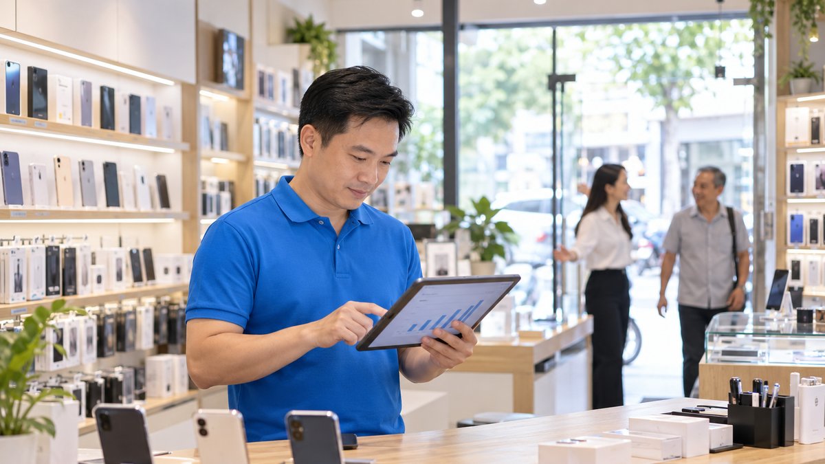 Chủ cửa hàng điện thoại người Việt mặc áo polo xanh xem biểu đồ tỷ lệ khách hàng quay lại trên máy tính bảng tại quầy