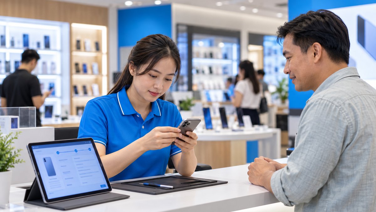 Nhân viên cửa hàng điện thoại kiểm tra máy của khách theo chính sách bảo hành, minh họa xây dựng chính sách bảo hành