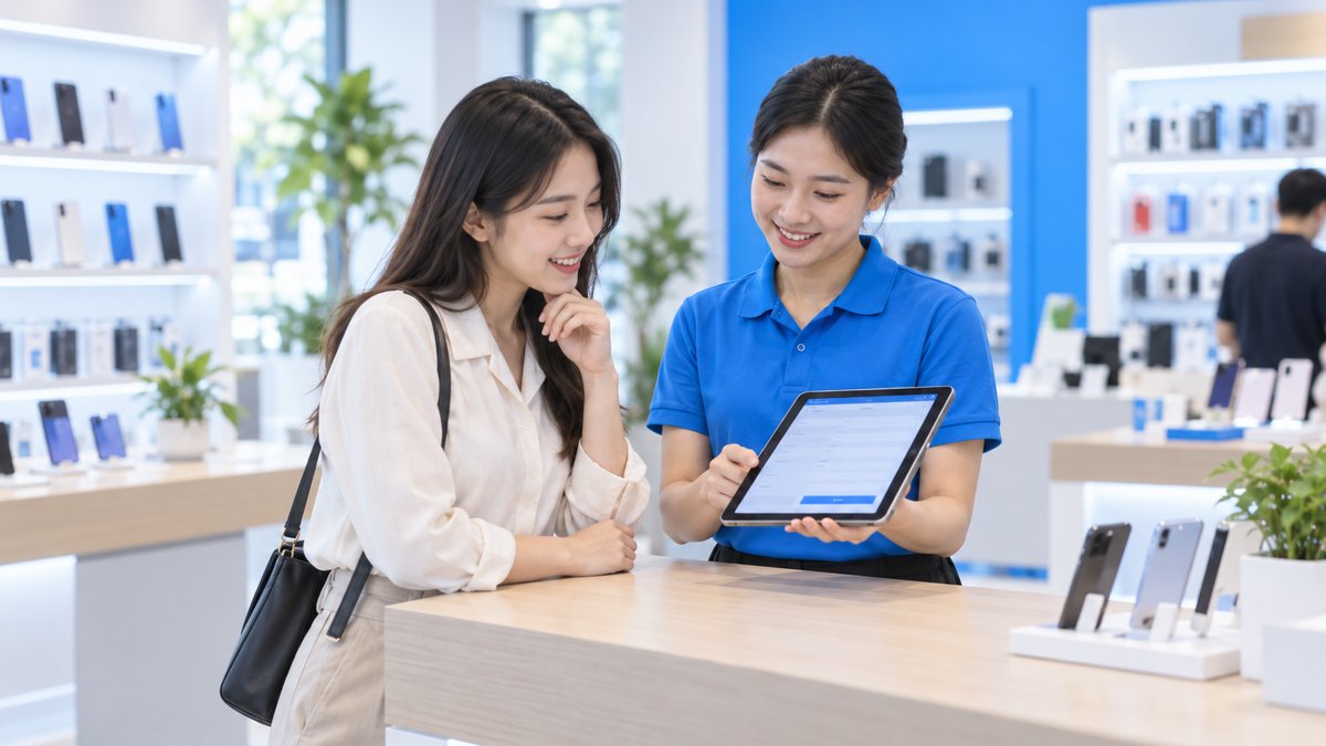 Nhân viên cửa hàng điện thoại đưa máy tính bảng cho khách xem biểu mẫu thông tin tại quầy, minh họa xây dựng data khách hàng cho cửa hàng
