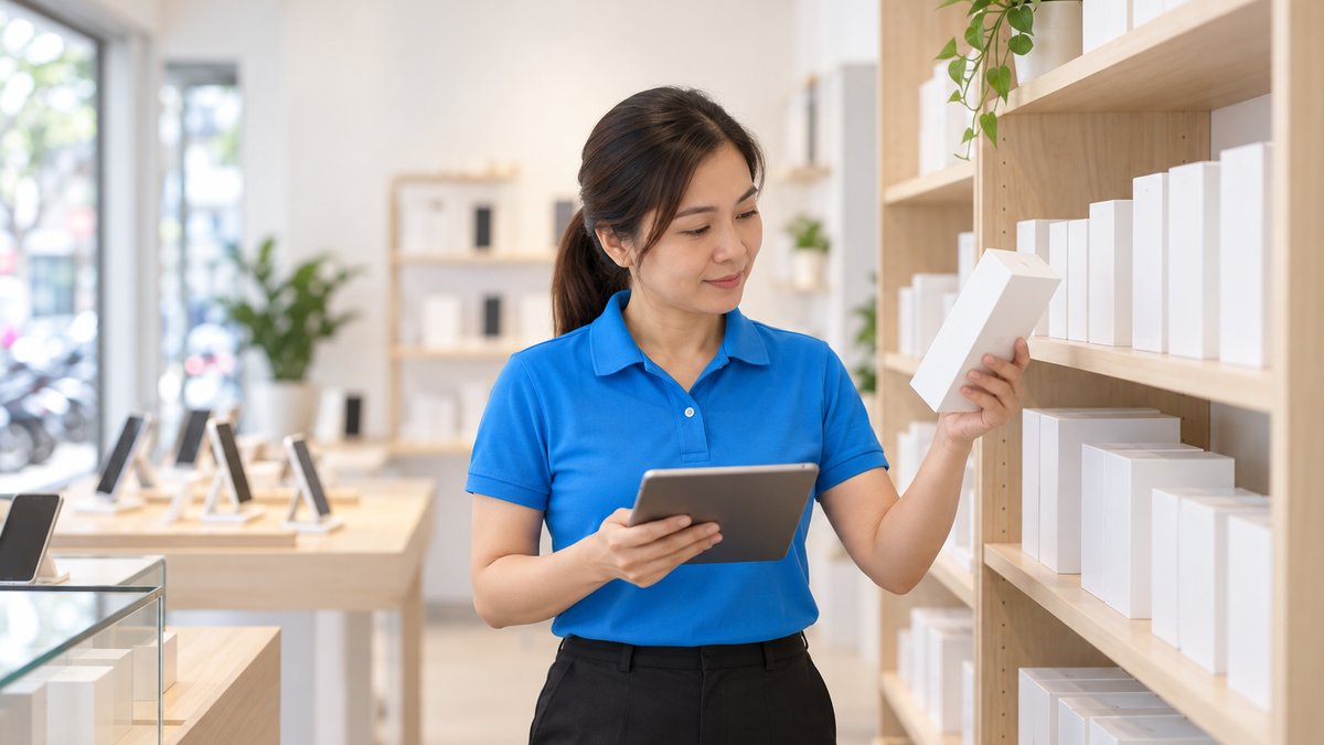Chủ cửa hàng kiểm tra các hộp điện thoại đời trước trên kệ kho, minh họa xử lý hàng tồn kho điện thoại trước mùa ra máy mới