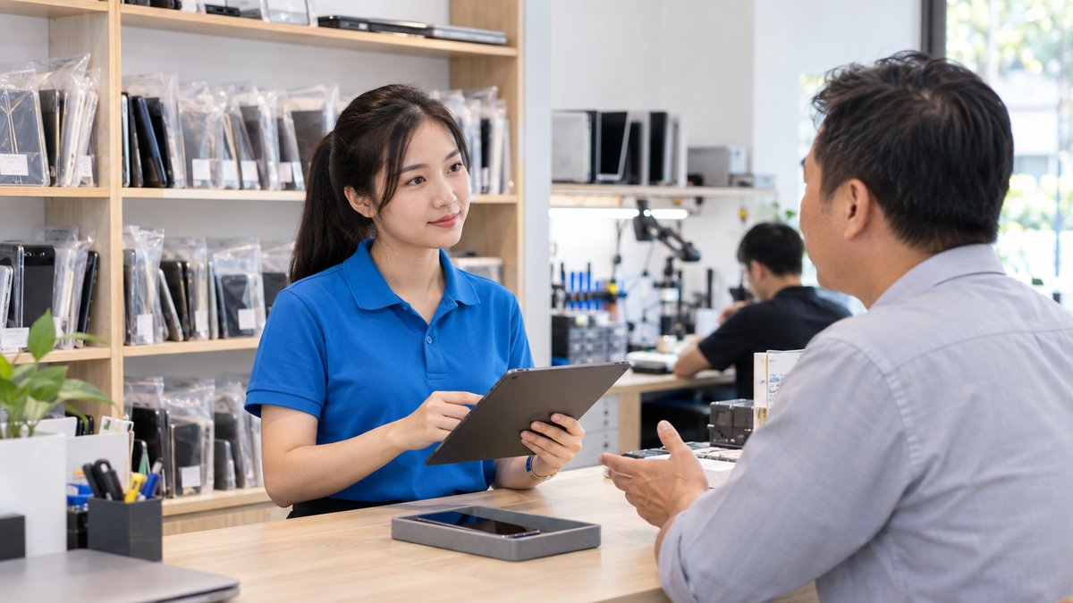 Nữ nhân viên người Việt mặc áo polo xanh tiếp nhận phản ánh bảo hành của khách tại quầy cửa hàng điện thoại, đối chiếu serial trên máy tính bảng