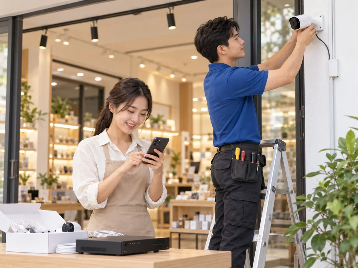 Kỹ thuật viên lắp camera giám sát, chủ cửa hàng xem hình camera trên điện thoại