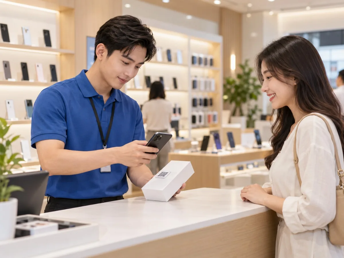 Nhân viên cửa hàng điện thoại quét mã QR trên hộp máy để kích hoạt bảo hành cho khách hàng