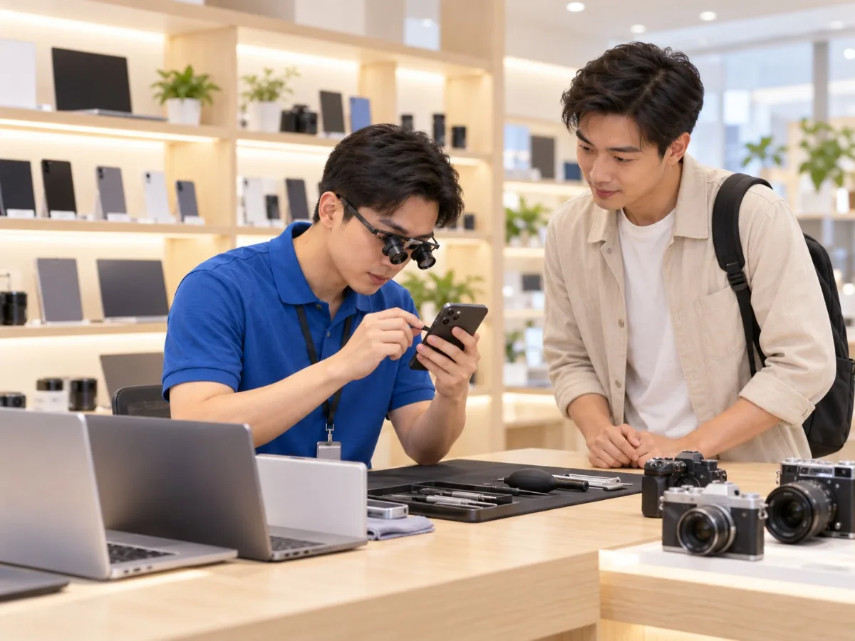 Nhân viên cửa hàng đồ cũ kiểm tra điện thoại đã qua sử dụng trước khi thu mua