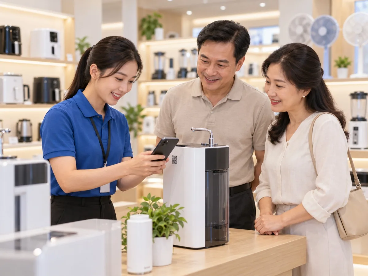 Nhân viên cửa hàng gia dụng quét mã QR trên máy lọc nước cho khách hàng