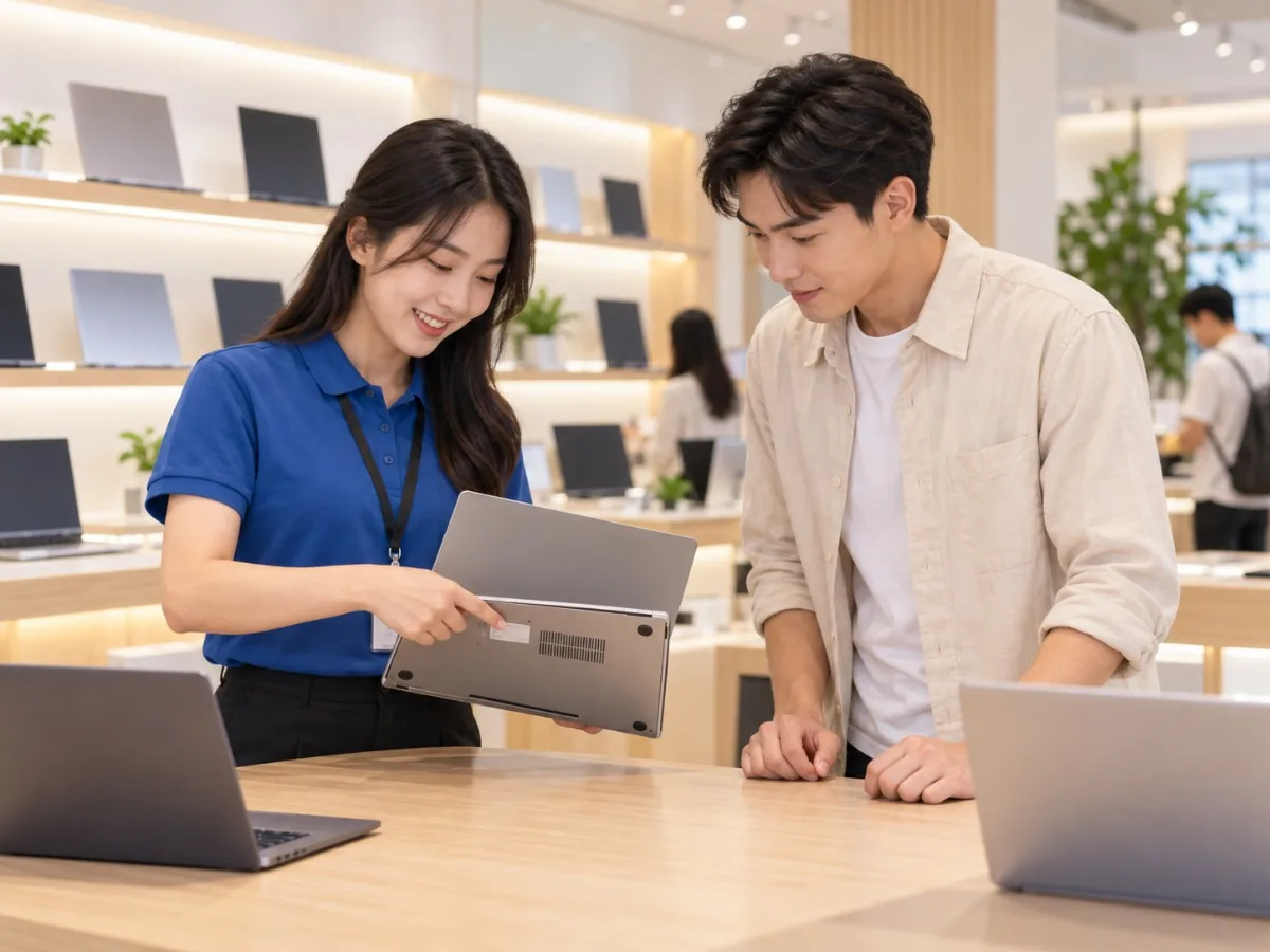Nhân viên cửa hàng laptop chỉ tem serial dưới đáy máy cho khách hàng