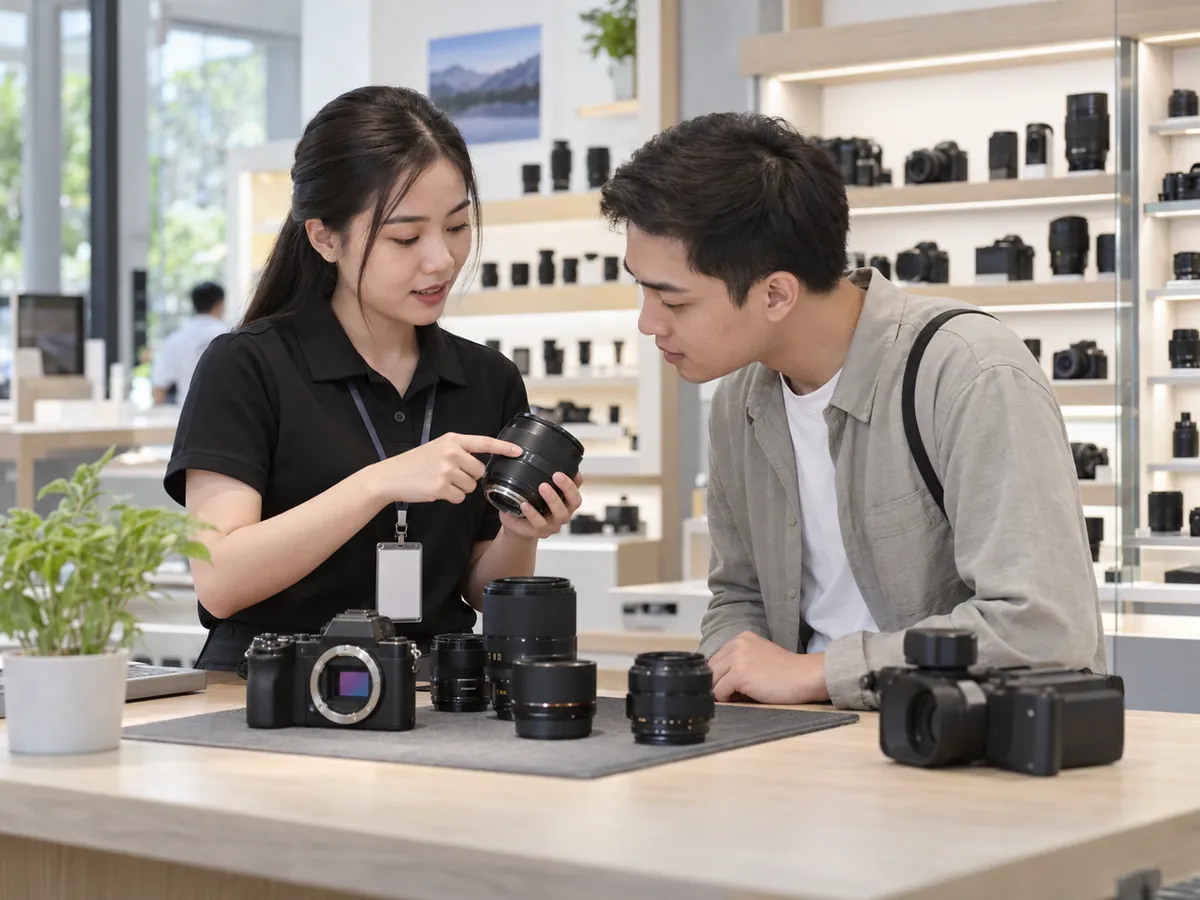Nhân viên cửa hàng máy ảnh kiểm tra ống kính cho khách hàng