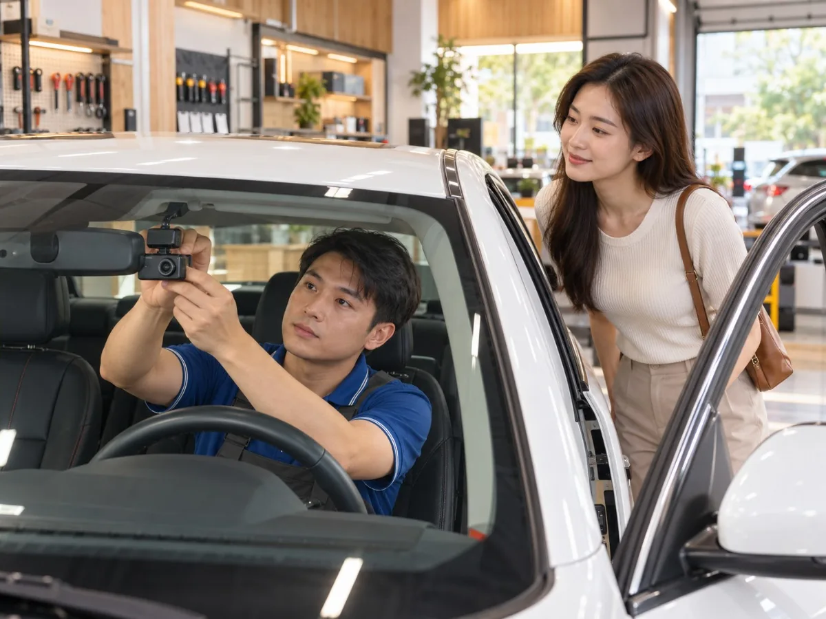 Kỹ thuật viên lắp camera hành trình trong xe ô tô, chủ xe đứng quan sát