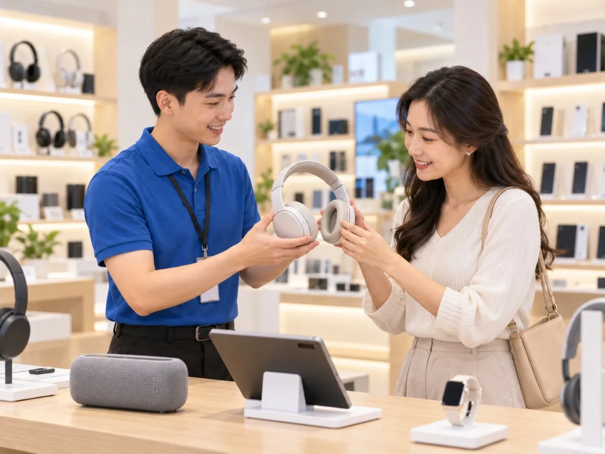 Nhân viên cửa hàng thiết bị điện tử đưa tai nghe cho khách hàng dùng thử