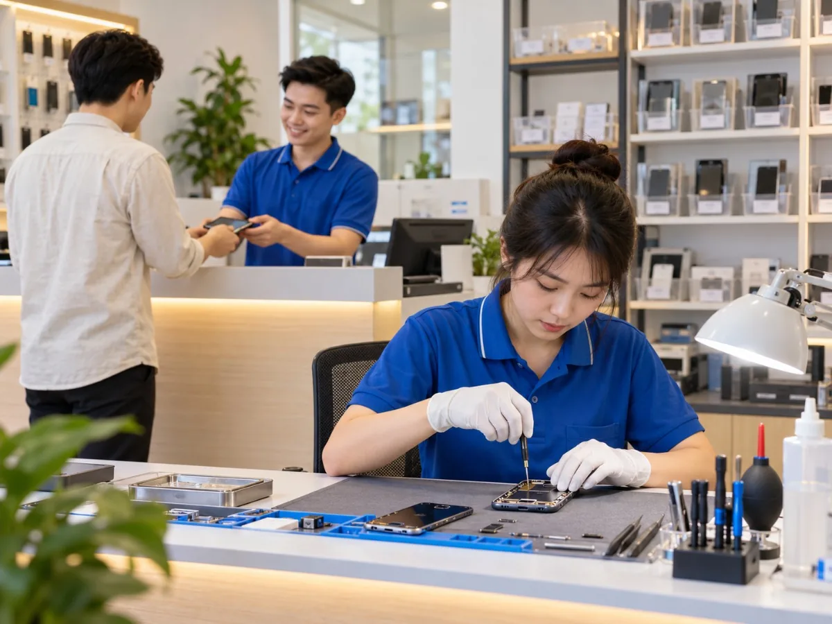 Kỹ thuật viên trung tâm bảo hành sửa điện thoại, quầy tiếp nhận máy phía sau