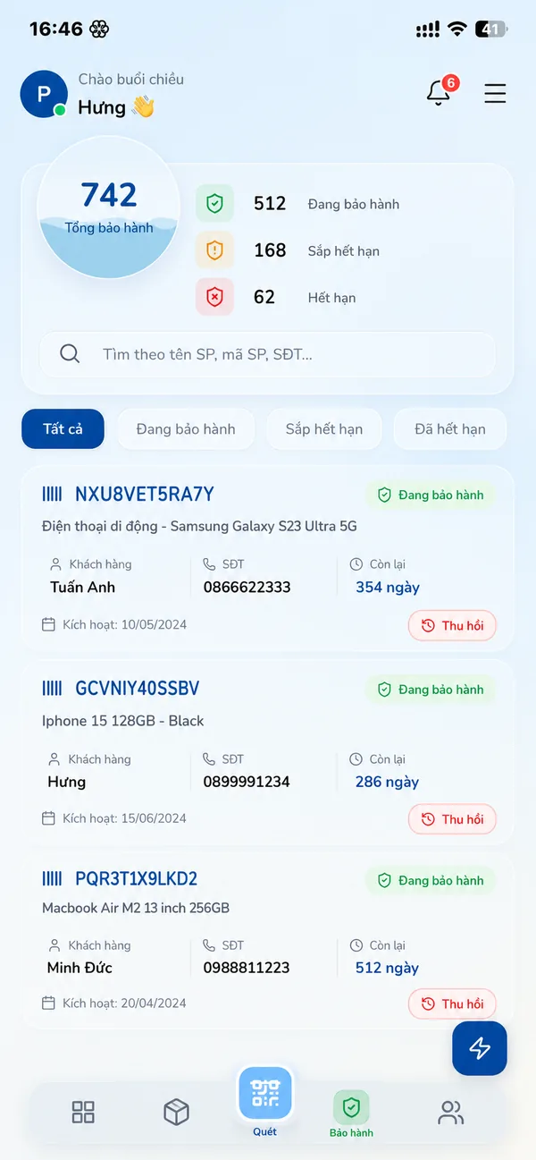 Màn hình bảo hành trên ứng dụng Qranty: tra hạn theo serial, thu hồi