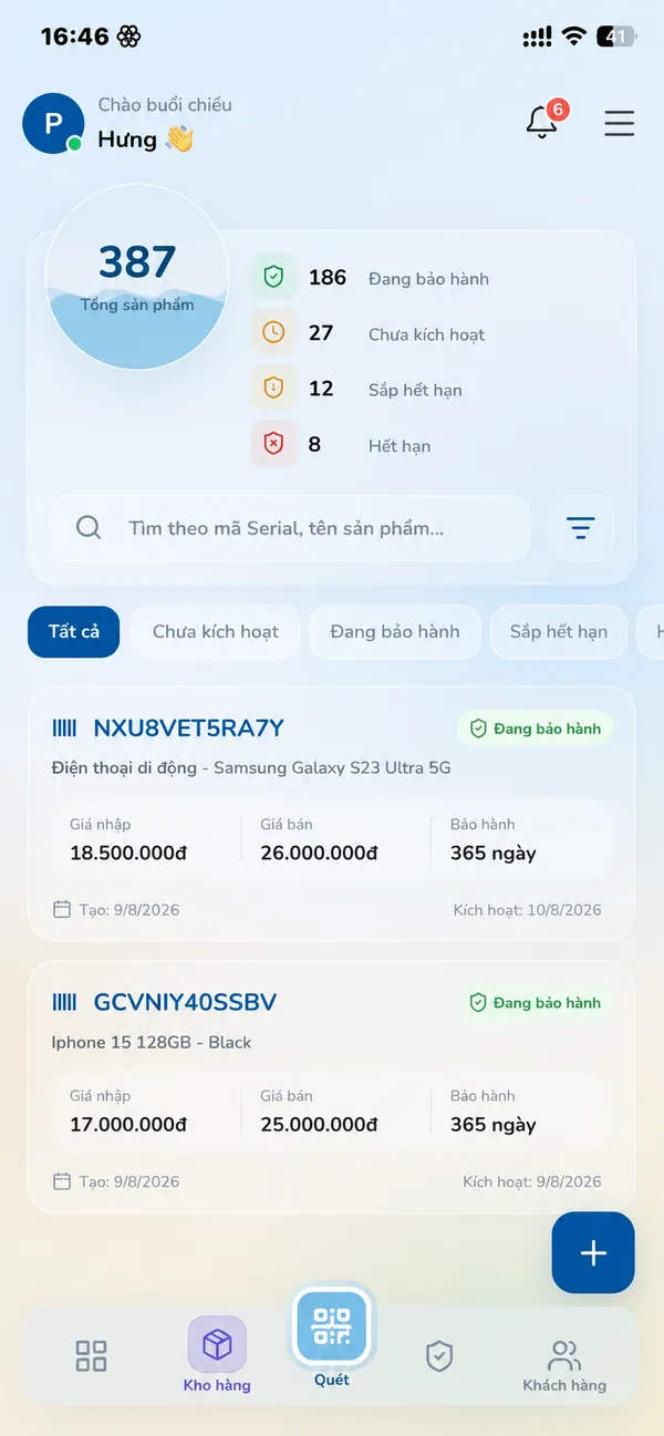 Màn hình kho hàng trên ứng dụng Qranty: từng máy theo imei/serial