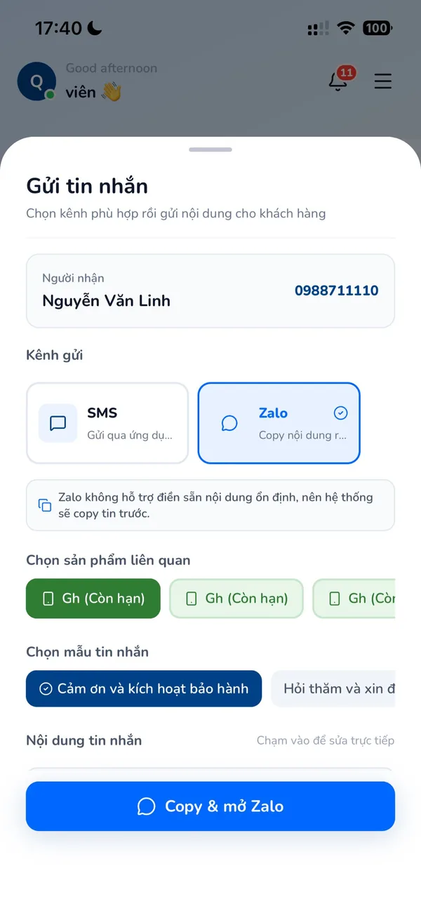 Màn hình nhắn tin trên ứng dụng Qranty: gửi zalo, sms cho khách